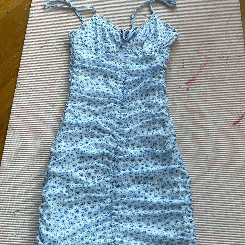 Runched Blue Floral Mesh Dress